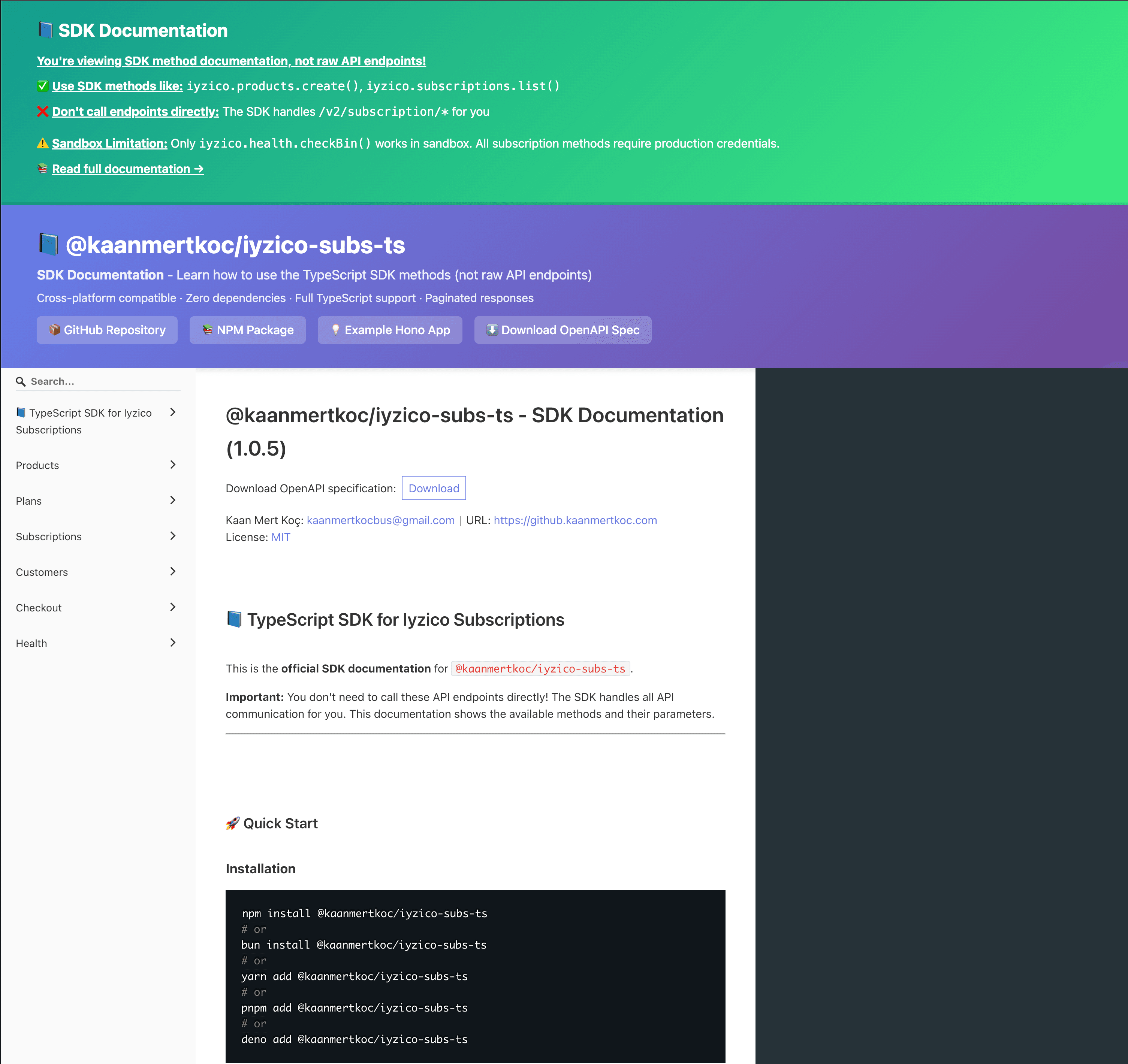 iyzico subscription TypeScript SDK documentation screenshot
